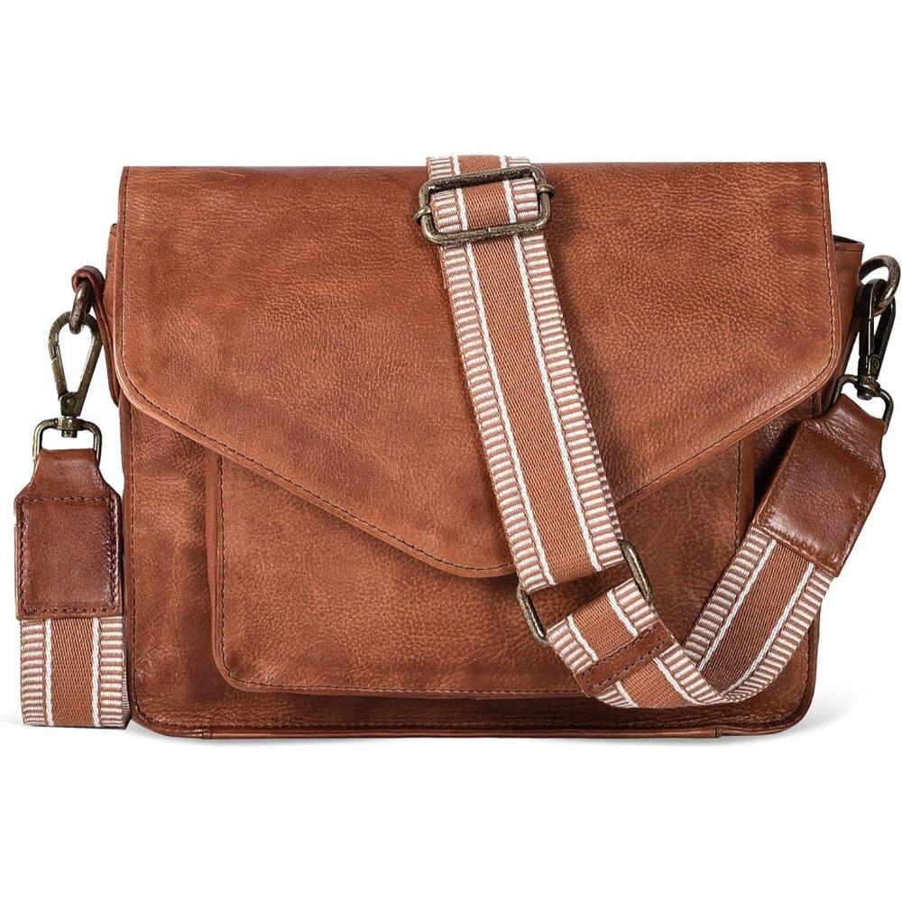 〽️Women Tan Web Leather Flapover Crossbody Handbag Adjustable Strap Tote/Bag